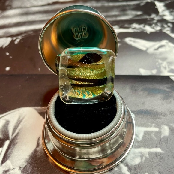 Unique Vintage Turquoise, Black and Gold Glitter Murano Glass Ring Size 7 - Picture 2 of 12